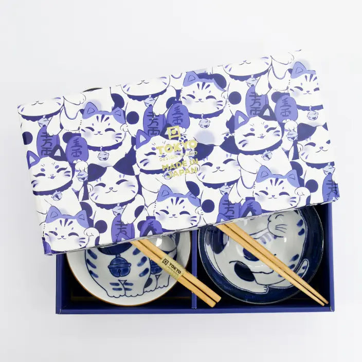 Coffret de 2 bols Kawaii Cat avec baguettes – 500 ml