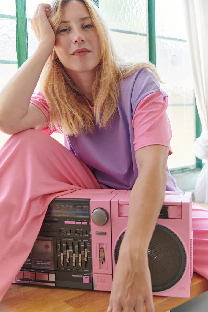 Lange katoenen pyjama met kleurblokken in roze