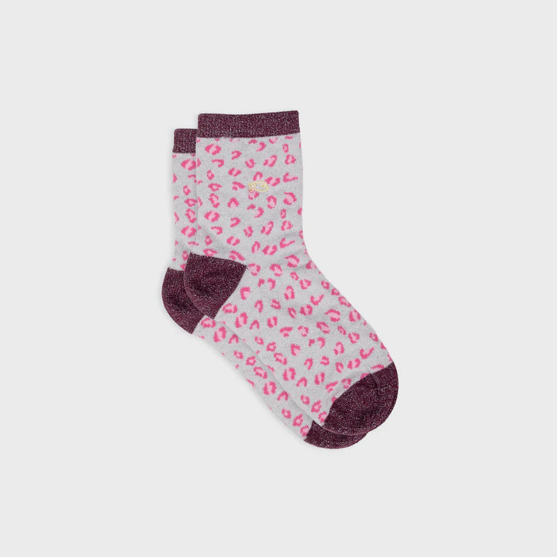 Chaussettes pailletées en coton peigné léopard - Blanc et lie de vin