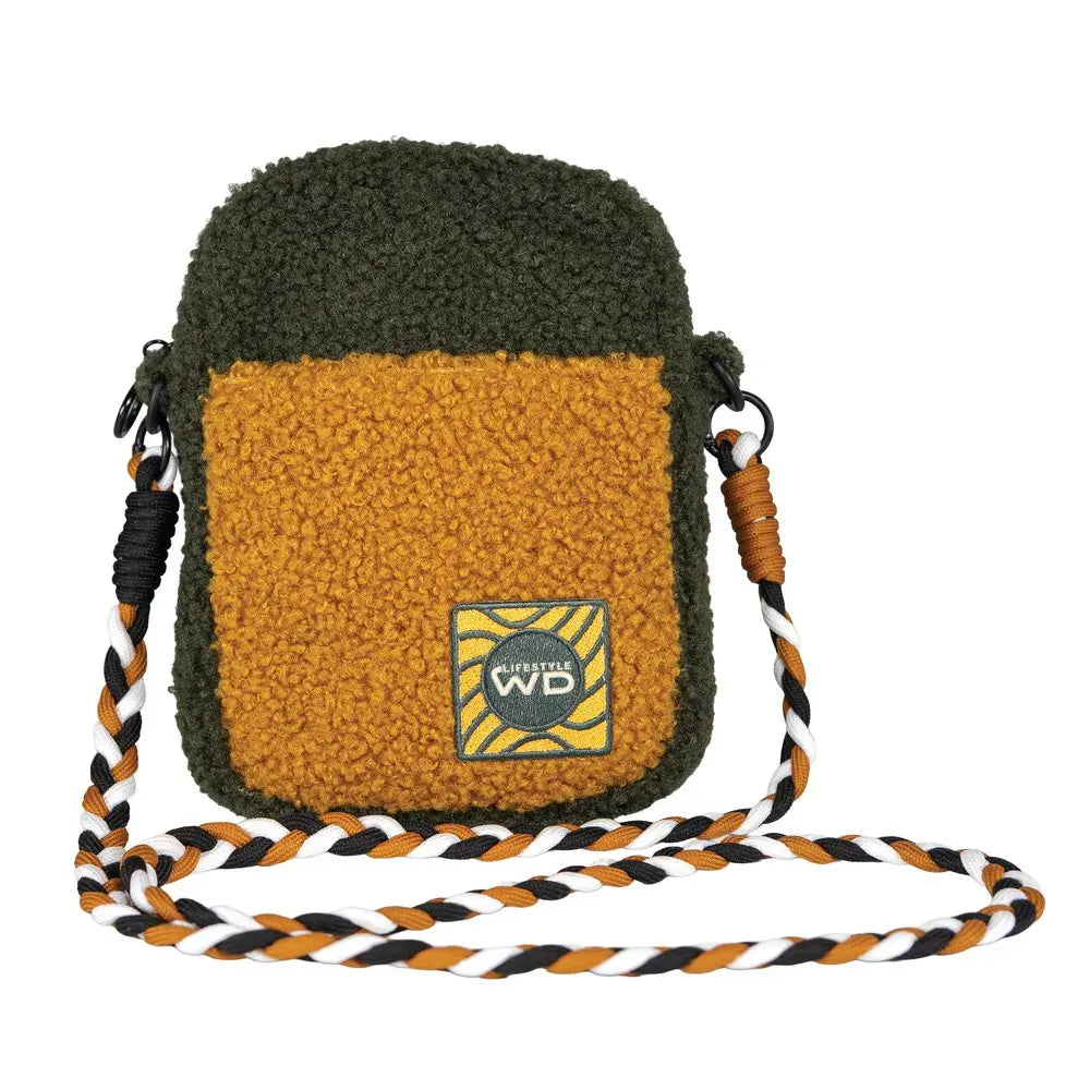 Sac à bandoulière en tissu effet bouclé - Vert et Moutarde
