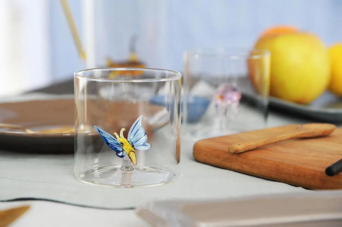 Blown Glass Tumbler with Butterfly Decoration